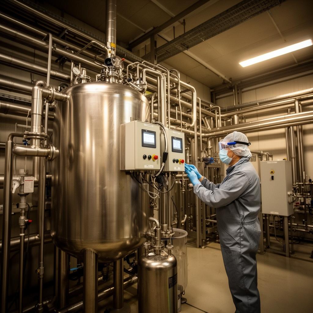 Operator inspecting a stainless-steel reactor at an Alexium production facility